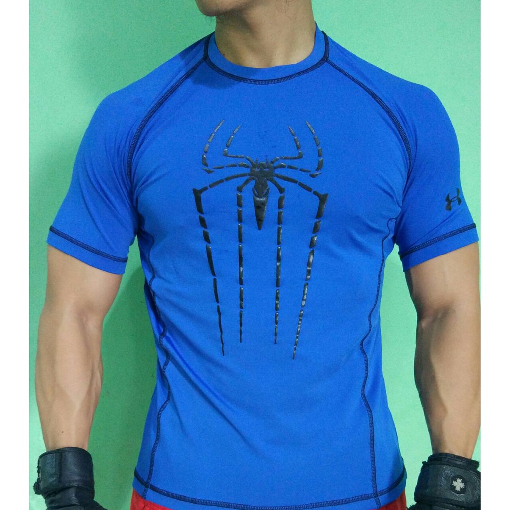 KAOS PRIA COWOK GYM FITNESS LYCRA SUPERHERO SPIDERMAN BIRU