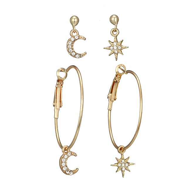 Anting Tusuk Fashion Gold Color Moon&amp;star Shape Design Earrings (4pcs)