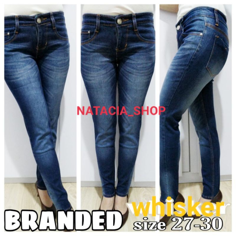 celana jeans wanita panjang branded whisker biru size 27-30