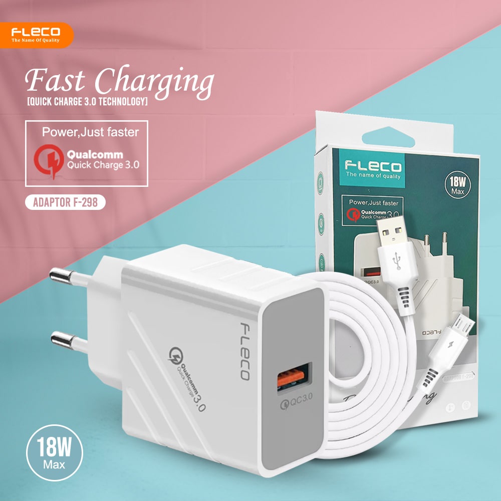 Charger Travel Adaptor FLECO F-298 Colokan USB Fast Charging Qualcomm QC3.0 Cas Quick Charging + Vooc