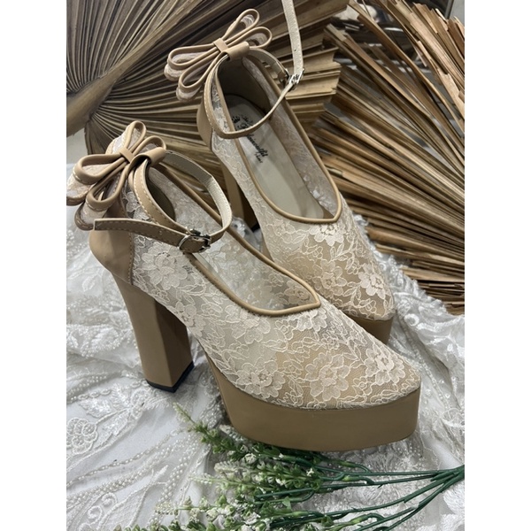 sepatu wanita cantik  vilea nude pita 12cm tahu