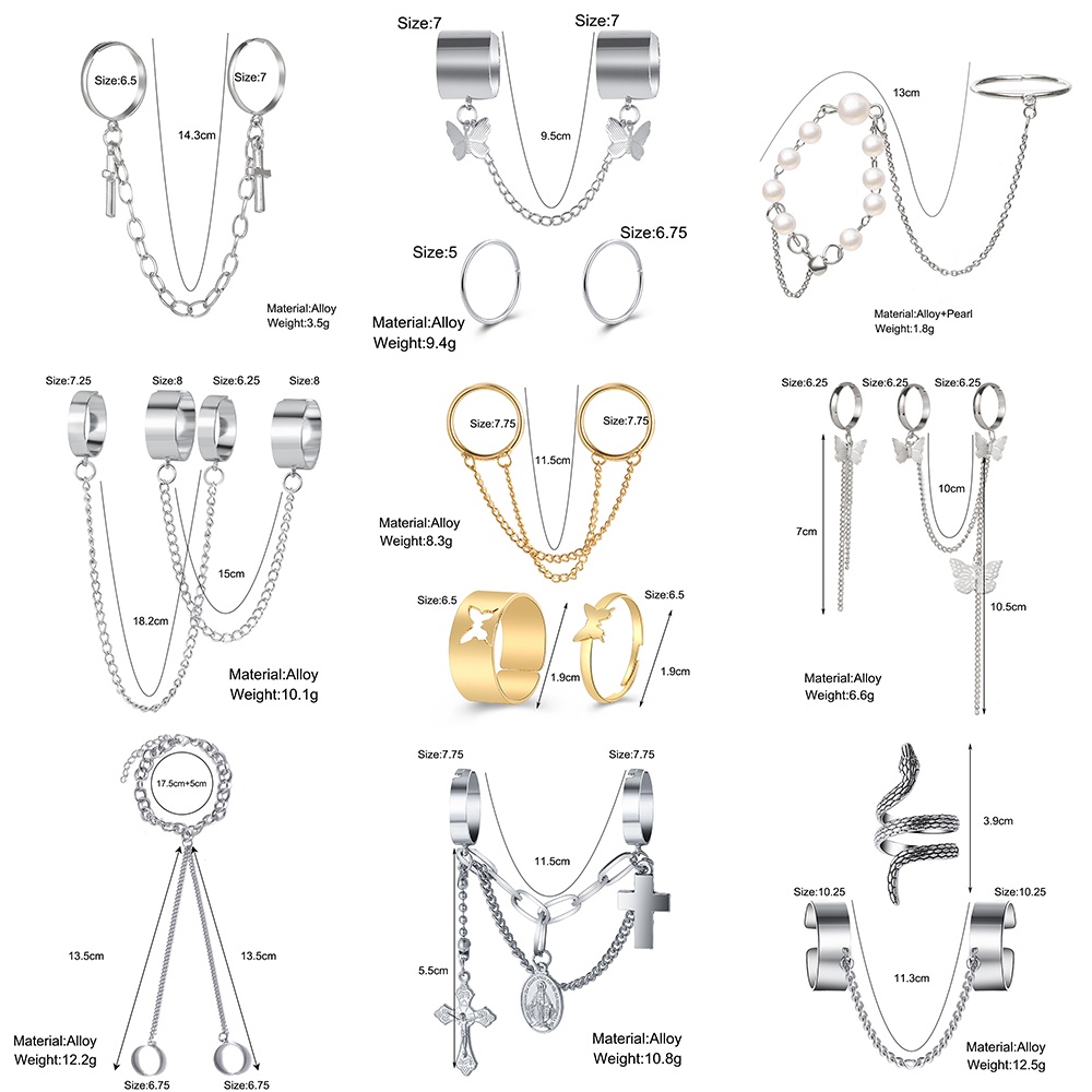 YEEZII Set Cincin Rantai Rumbai Desain Kupu-Kupu Aksen Mutiara Warna Emas Perak Gaya Retro Untuk Wanita