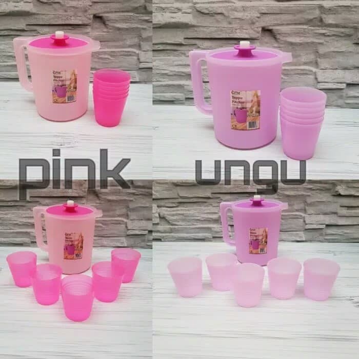 TERLARIS / TEKO YEPPO SET DENGAN 5 GELAS PLASTIK - TEKO DAN GELAS CANTIK -
