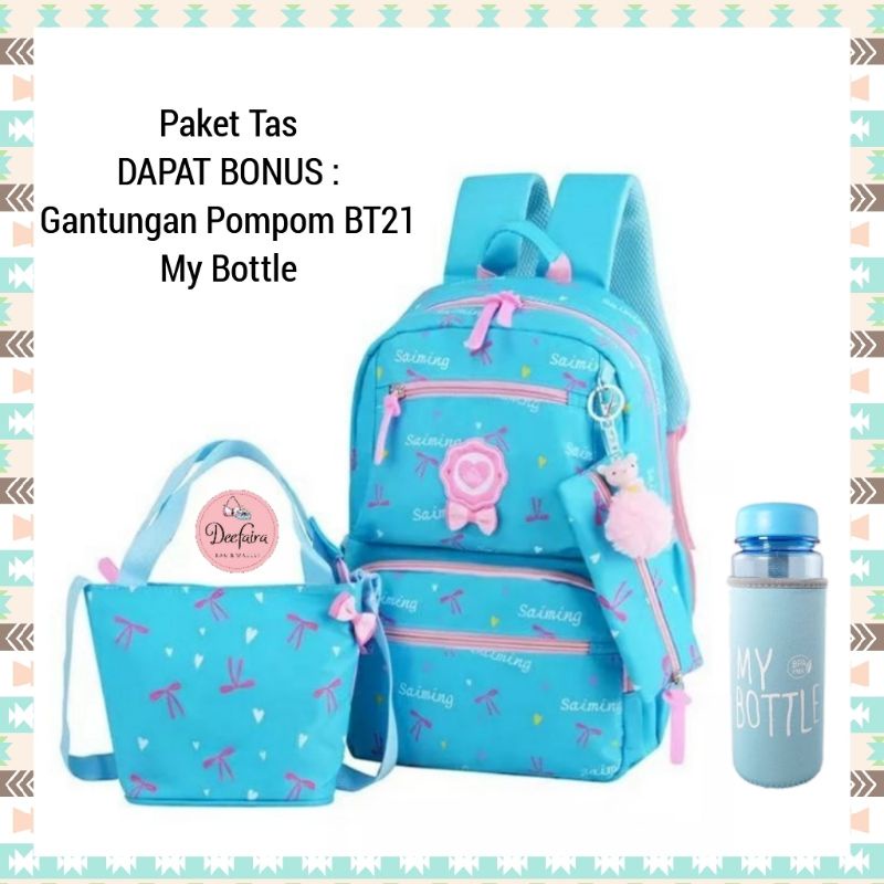 Paket Tas Sekolah Anak Perempuan Ransel Wanita Bonus Gantungan BT21 dan Mybottle