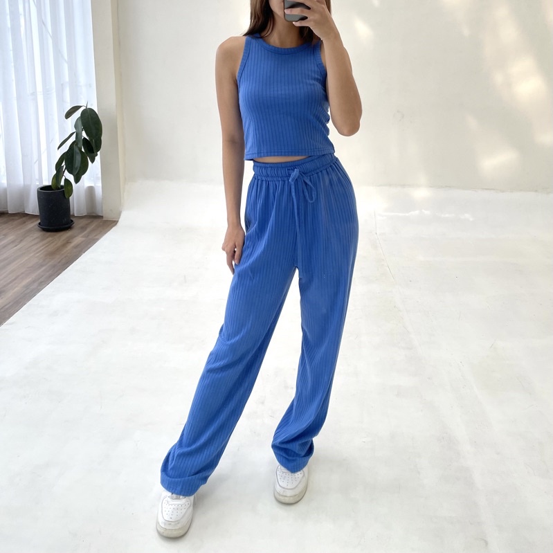 KYU SET | Ribbed Knit Set Setelan Wanita Bahan Rib Celana Panjang Highwaist Tanktop Crop Summer Highwaisted