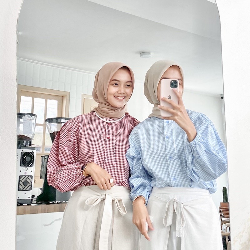 FARIVA - Puffy Blouse Katun Gingham Blouse Balon Korean