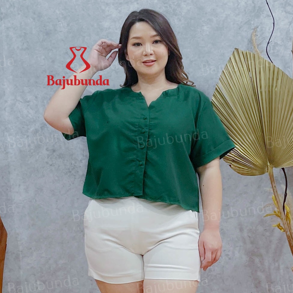 KEMEJA WANITA JUMBO BIG SIZE POLOS LENGAN PENDEK BAJUBUNDA VIA-HIJAU