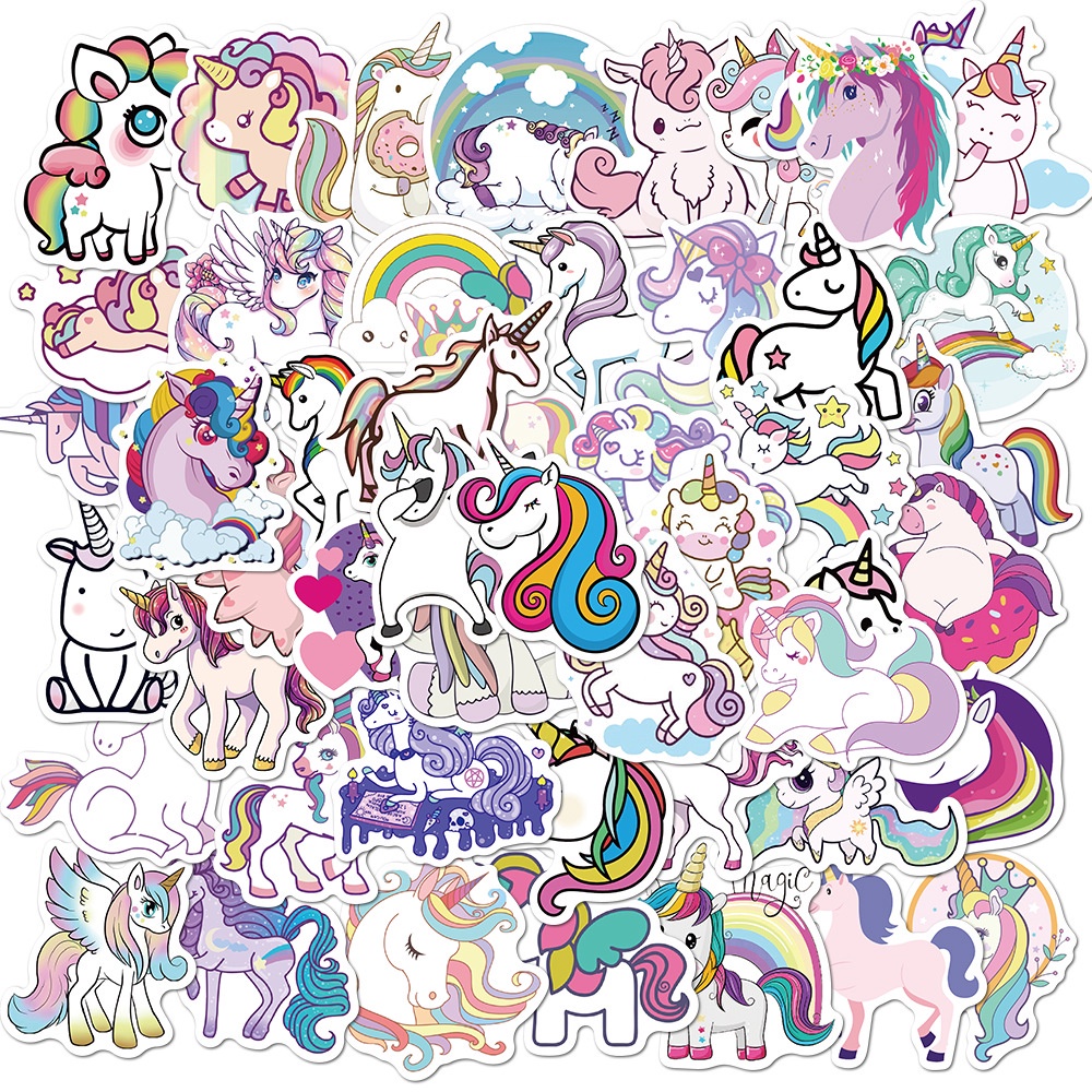 50 Pcs Colorful Cute Cartoon Unicorn Pattern Graffiti Stickers for Guitar Helmet Luggage Laptop Decor