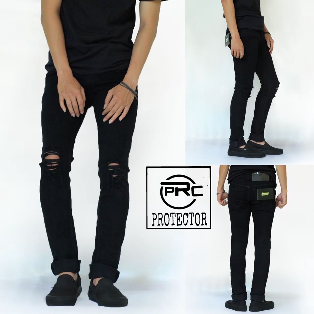 Celana Jeans Sobek lutut Pria Ripped / Celana Panjang Street Melar Skinny