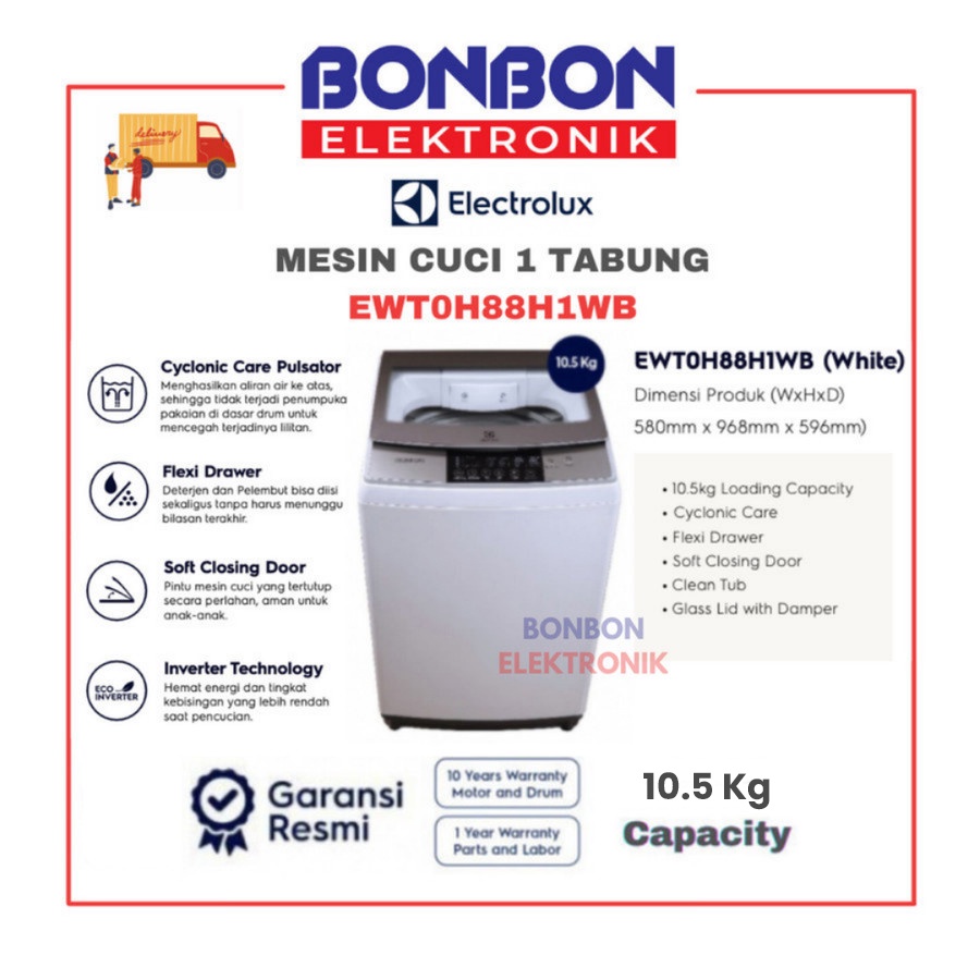 Electrolux Mesin Cuci 1 Tabung 10.5KG EWT 0H88 H1WB / EWT0H88H1WB