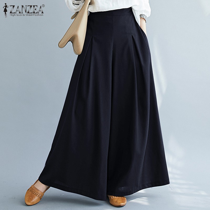 ZANZEA Women Elastic Waist Wide Leg Loose Casual Long Pants