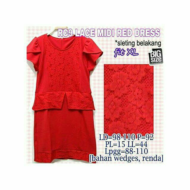 RC9 LACE MIDI RED DRESS BIGSIZE FIT XL ROK MERAH VARIASI RENDA WEDGES MURAH UNDER 150 TERUSAN WANITA