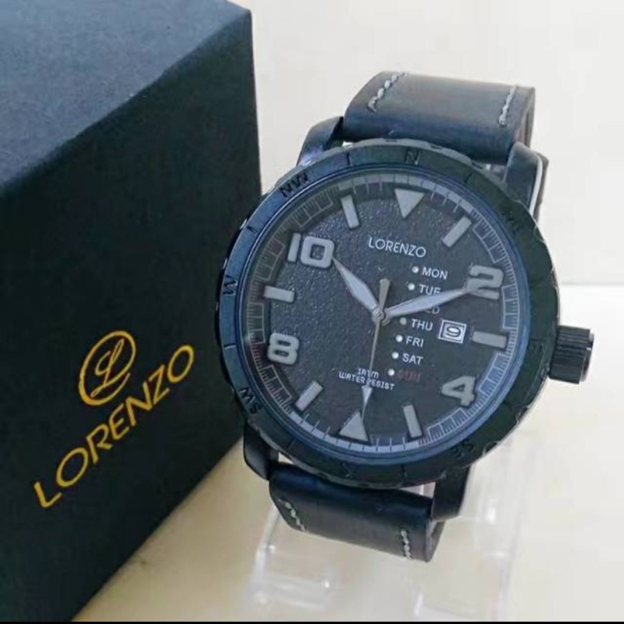 jam tangan pria lorenzo 1018 original tali kulit quartz analog