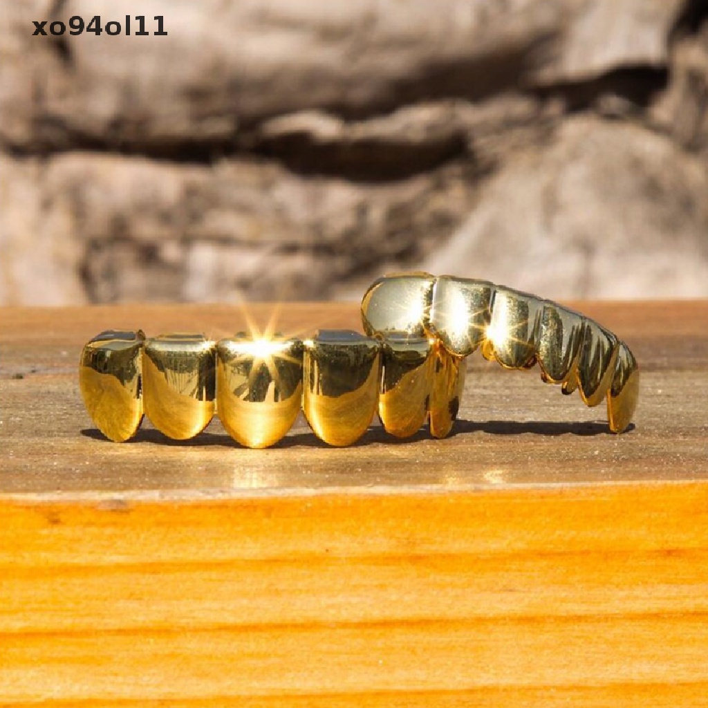 Xo Set Grillz Gigi Atas &amp; Bawah Lapis Emas 14k Gaya Hip Hop