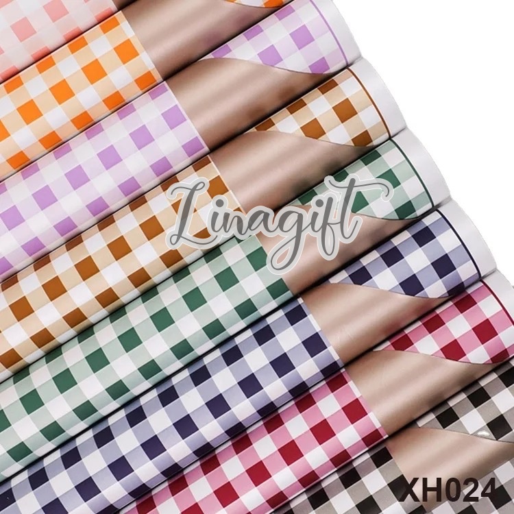 ( 5 Lembar ) BICOLOR GOLD CHECKERED - FLOWER WRAPPING PAPER KOREAN PLASTIC PLASTIC CELLOPHANE KERTAS BUNGA BUKET FLORIST WATERPROOF DOUBLE COLOR BROWN TUMERIC LILAC