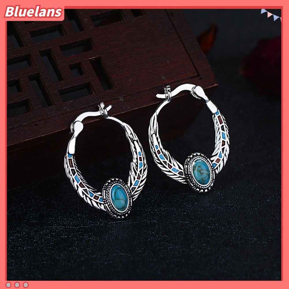 Anting Hoop Juntai Bentuk Bulu Aksen Turquoise Tiruan Gaya Vintage Untuk Wanita