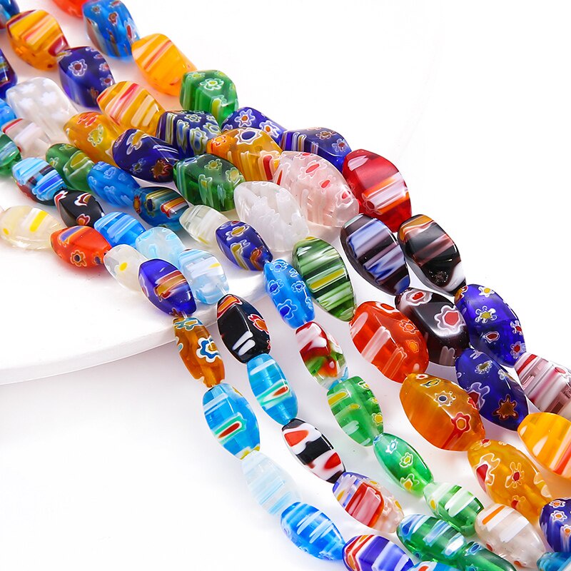 24-34Pcs 6x12/8x16mm Putar Bentuk Oval Pola Bunga Warna Campuran Lampwork Manik-manik Kaca DIY Perhiasan Gelang Membuat Temuan DIY