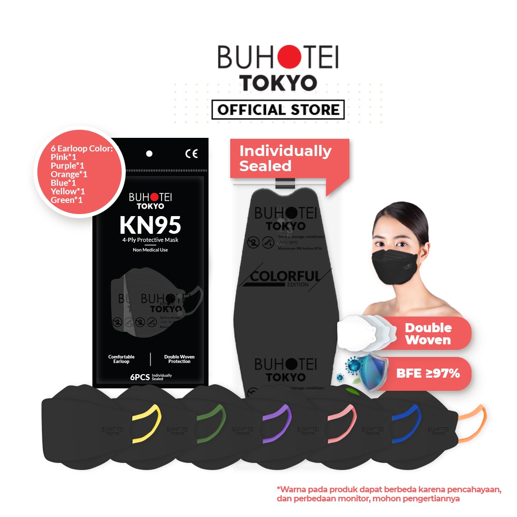 BUHOTEI Disposable Masker wajah EVO Earloop Face Mask Kesehatan masker medis-BH-Black Colorful 6p