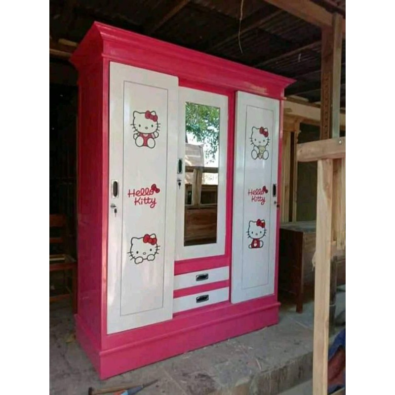 lemari pakaian karakter hello kitty pink 3 pintu sedding