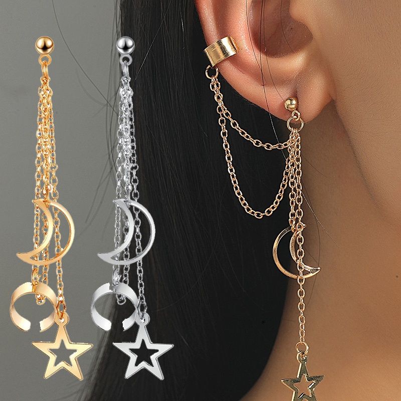 1 Pasang Anting Tusuk Gantung Desain Bulan + Bintang Gaya Bohemian / Vintage / Simple Untuk Wanita