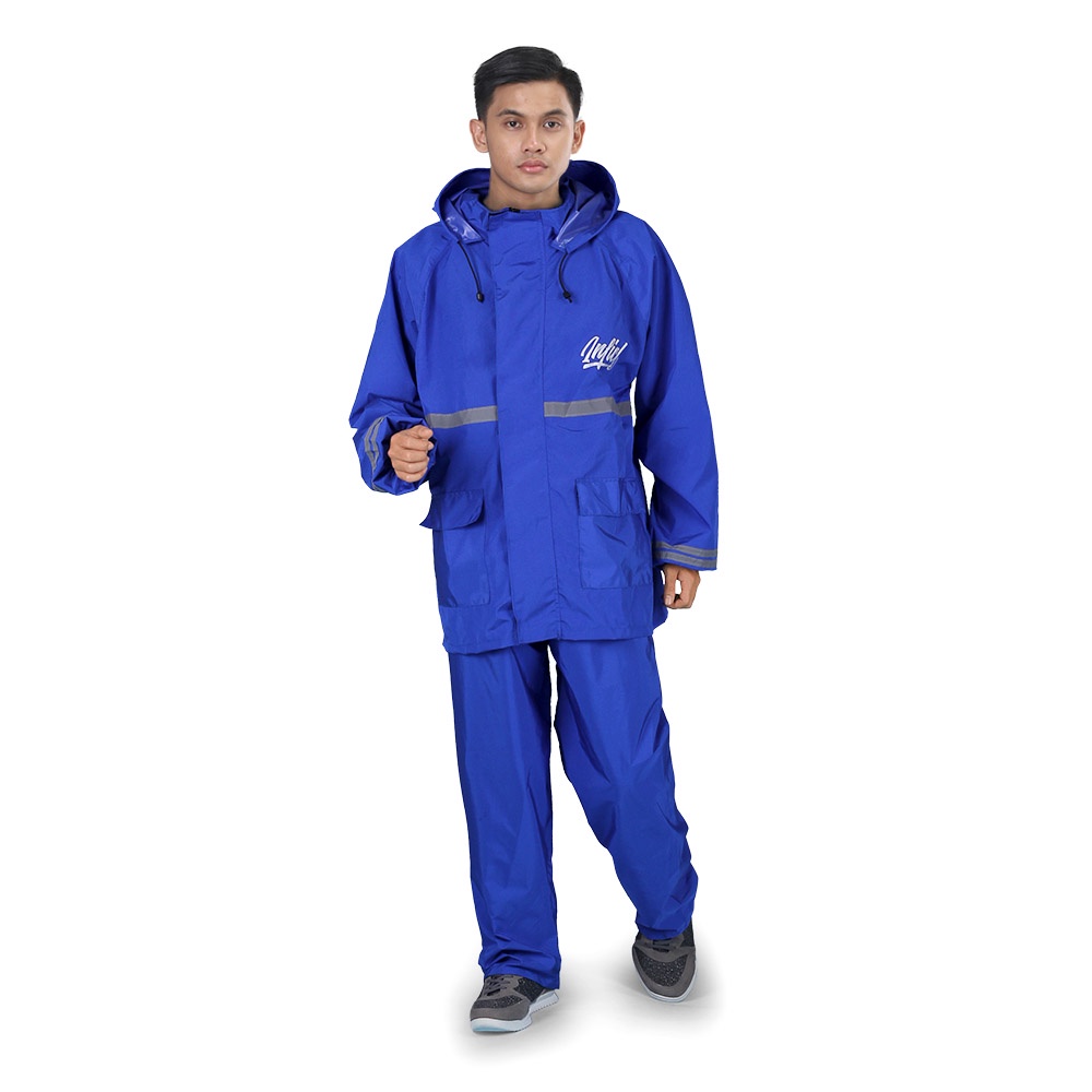 Jas Hujan Pria Bahan Taslan Balon Waterproof Setelan Jaket Celana Stiker Reflector Warna Biru