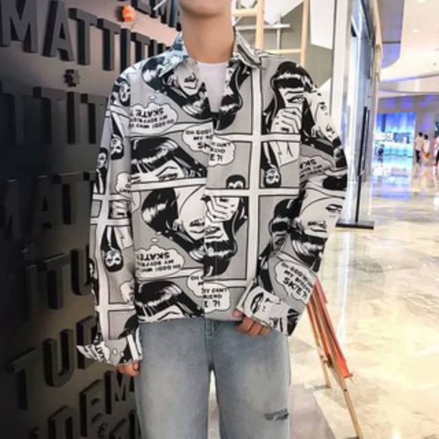 Kemeja Lengan Panjang Longgar Motif Print Kartun untuk Pria