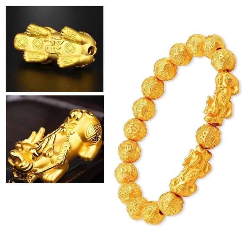 Unisex Feng Shui Gold Sand Bead PIXIU Bracelet/Wealth Attract Wealth and Good Luck Jewelry Gift