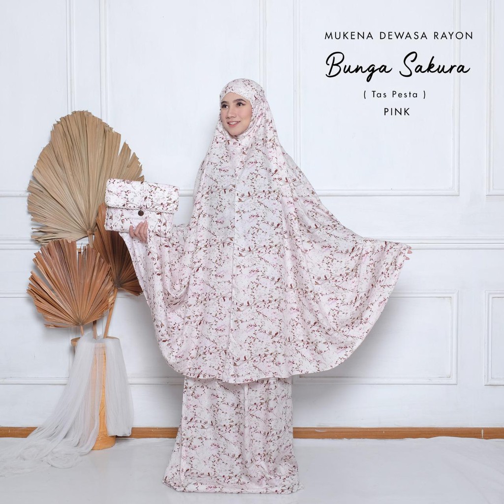 PUSAT MUKENA TASIK - MUKENA DEWASA RAYON RENDA BUNGA SAKURA (TAS PESTA)