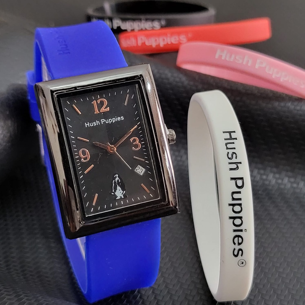 Jam Tangan Wanita Hush Puppies Y8657L Tali Rubber Tanggal Aktif Free Box Gelang &amp; Baterai