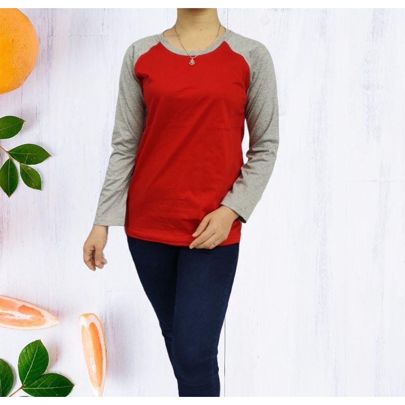 kaos polos reglan wanita (unisex) lengan panjang uk M L XL XXL-Merah-abumisty pjg