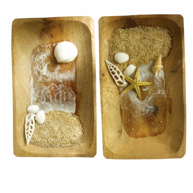 Piring Kotak Panjang Kayu Hias Resin Art Wooden Tray  | Tempat lilin Hiasan Meja Aesthetic | Lukisan