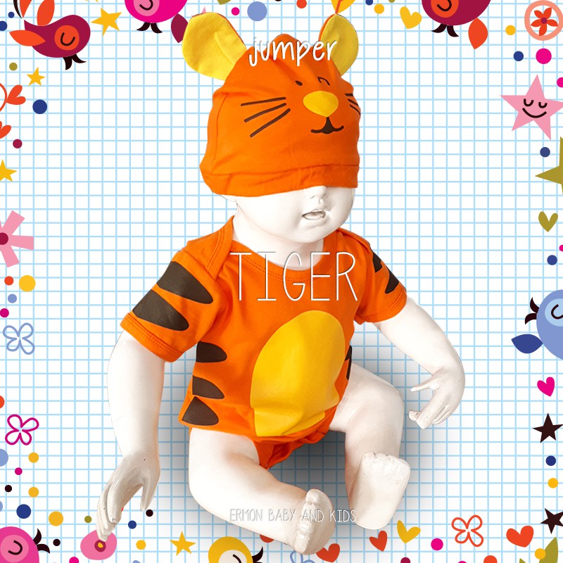 Ermon Baby - Baju Bayi Laki Laki Jumper Baby Cowok Lucu Karakter Macan Tiger + Topi usia 0 - 12 Bulan