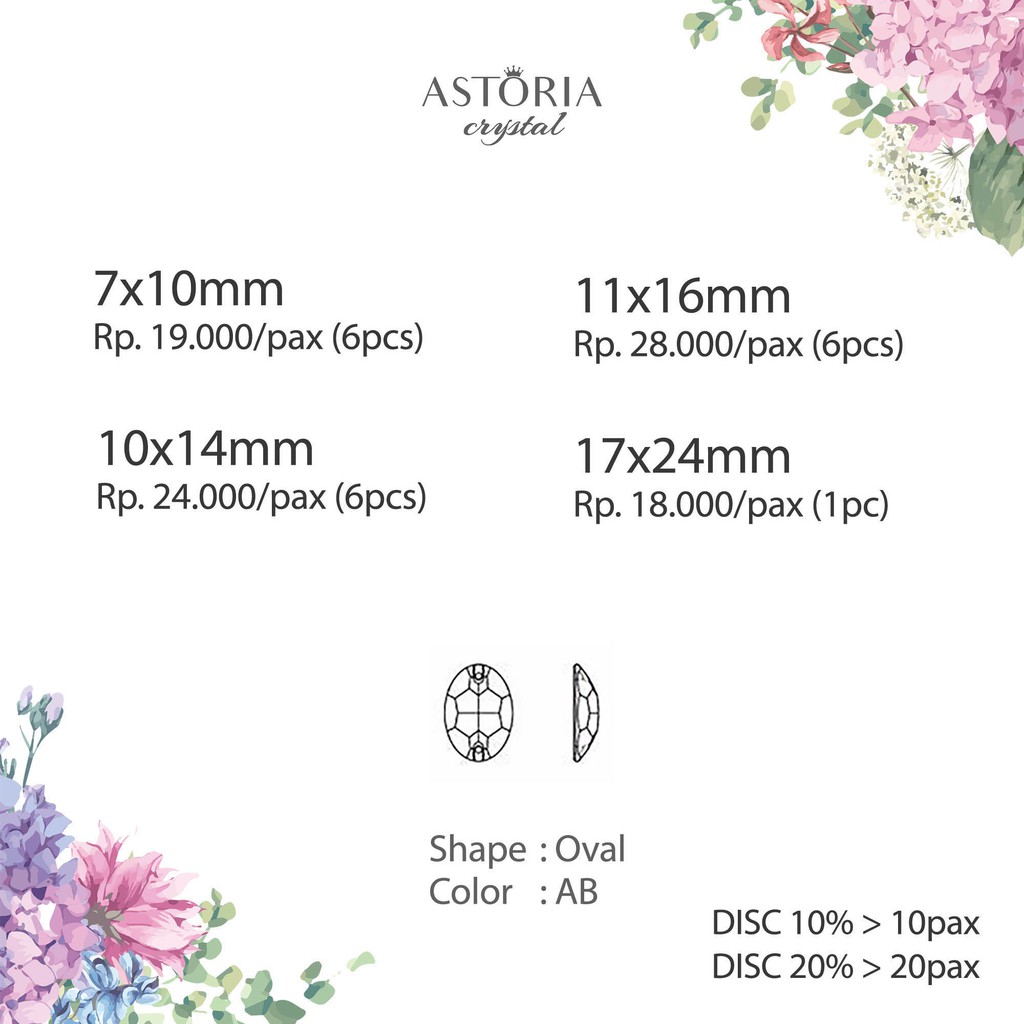 Astoria kristal jahit kaca bentuk oval kode 3OAA/AB