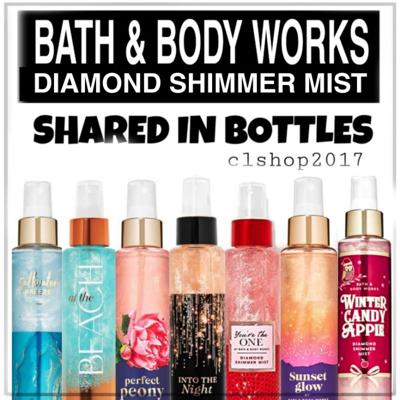 BBW SHIMMER MIST SHARE IN BOTTLES 3 ML 20 ML perfect peony gingham a thousand wishes into the night hello beautiful at the beach saltwater breeze bahamas fairytale you're the one japanese cherry blossom twilight woods magic in the air winter candy shared