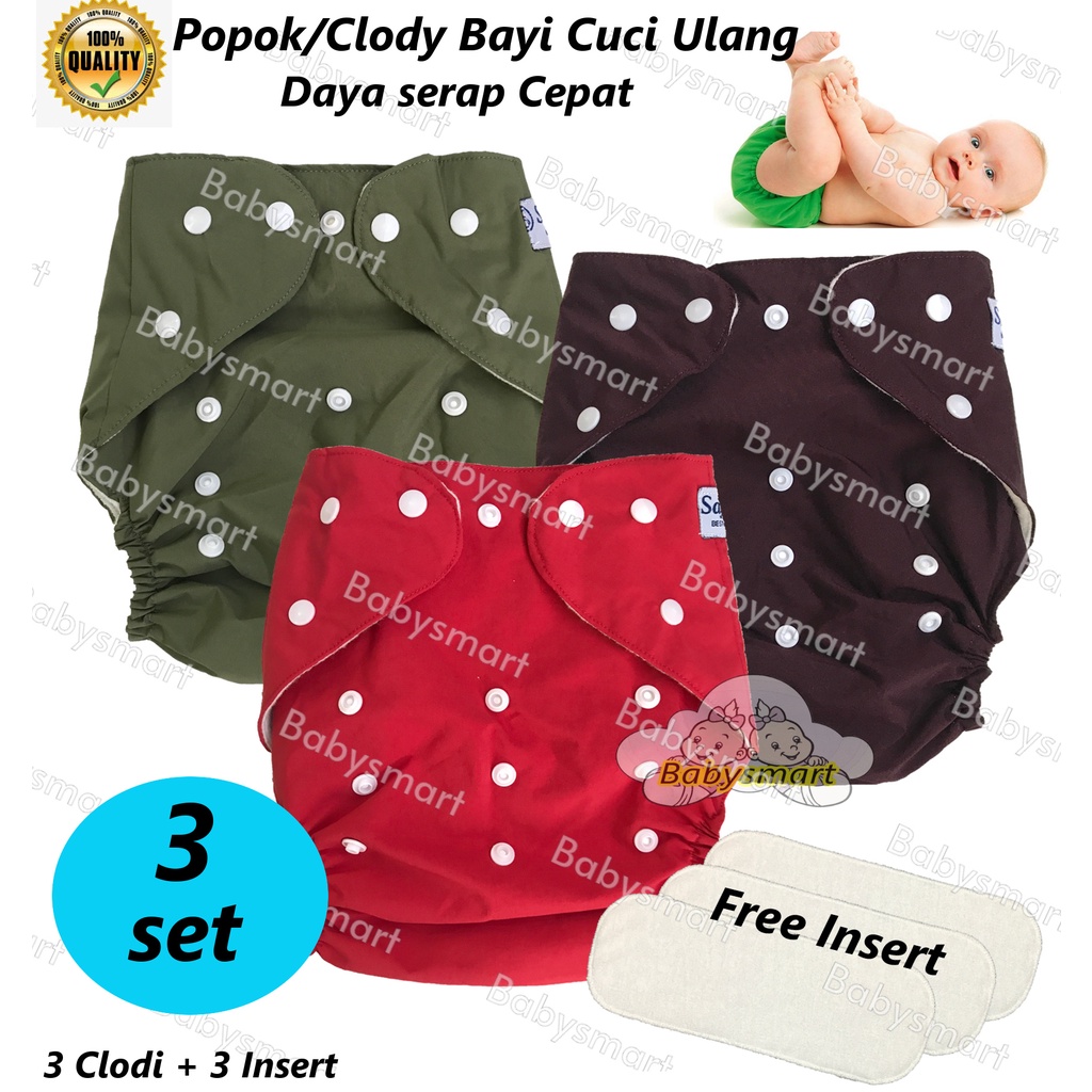 3 Pcs Clodi / Popok Celana Bayi Kain Cuci Ulang / Baby Diaper Pant / Celana Lampin Free Insert kualitas Premium usia 1 - 36 bulan