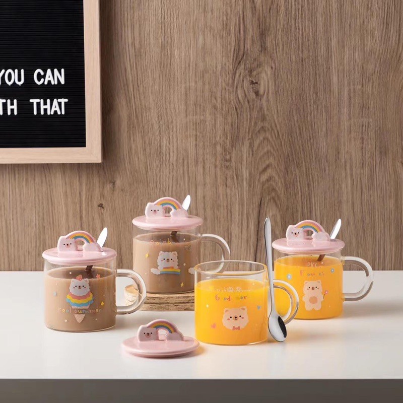 MUG GELAS CANGKIR KACA TRANSPARAN MOTIF SHEEP RAINBOW DENGAN PENUTUP