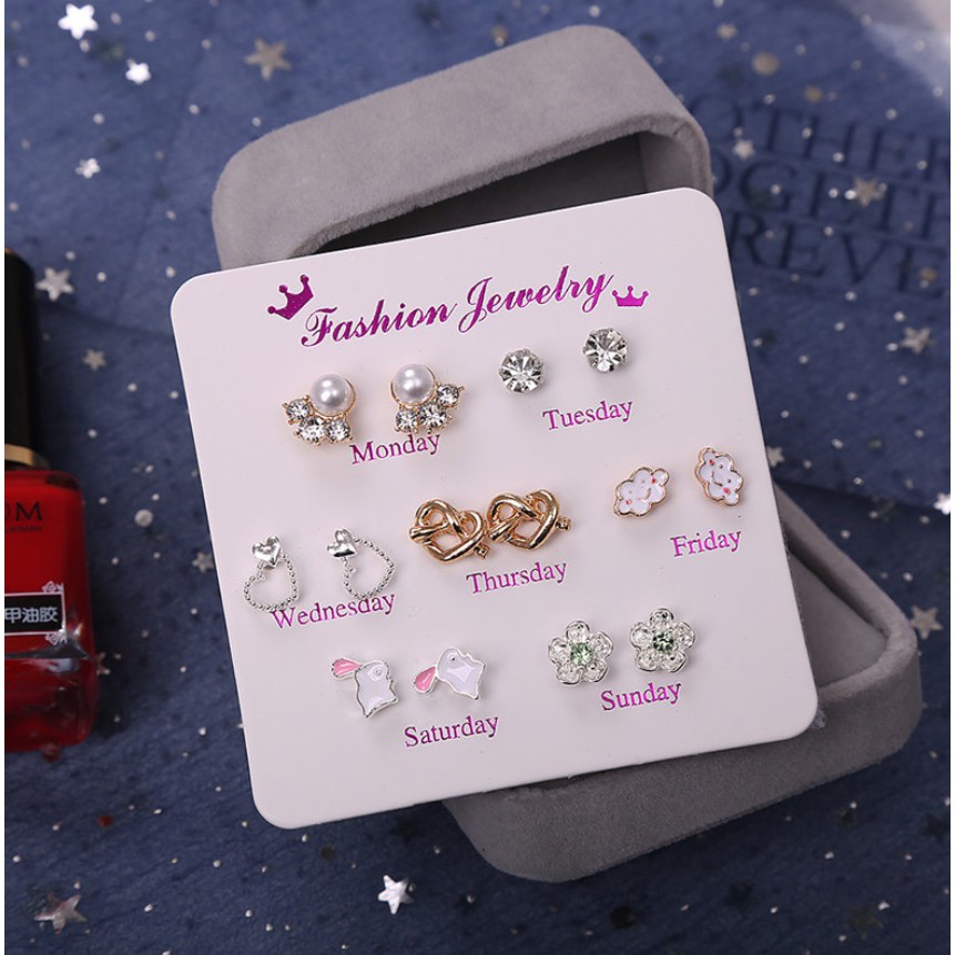 7 Pasang Anting Tindik Tusuk Set  #9 AWAN Satu Minggu Week Ins Gaya Korea Fashion Plug Earring