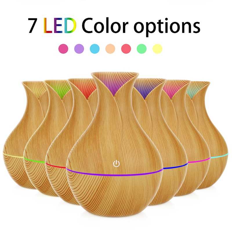 Humidifier 130ml Marble Marmer Wood LED 7 Warna Ultrasonic Aromatherapy Diffuser Vas Bunga Kayu