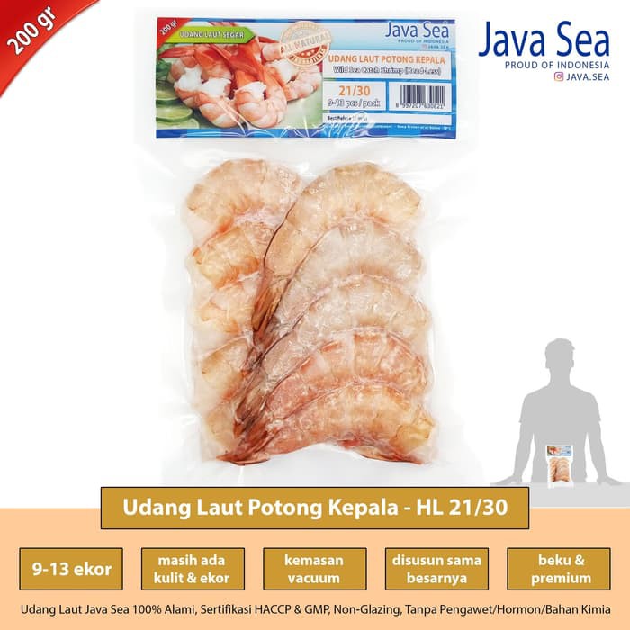 

JAVA SEA Udang Laut Beku Potong Kepala 21/30 pack 200gr isi 9-13 ekor