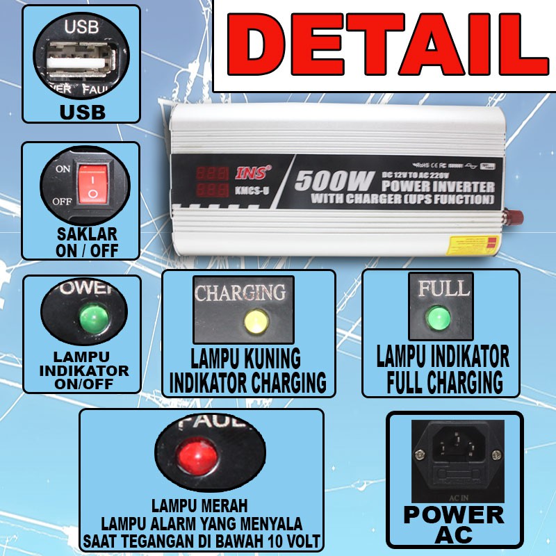 EELIC POI-I500WU -UPS Power Inverter 500 Watt Adaptor DC12V-AC220V