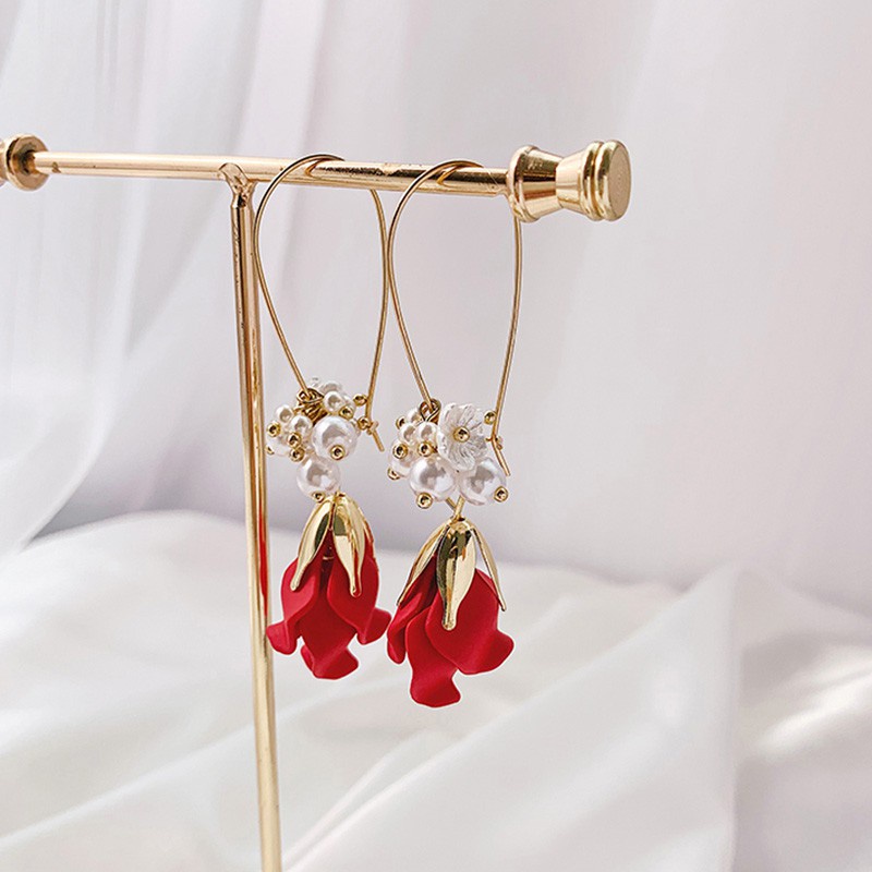 Anting Desain Kelopak Bunga Mawar Merah Gaya Korea