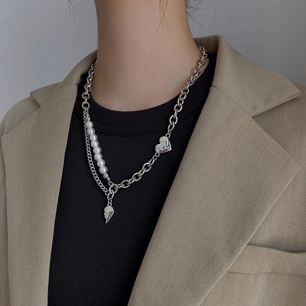 Kalung Rantai Klavikula Desain Salib Aksen Mutiara Berlian Imitasi Bahan Alloy Gaya Korea Untuk Unisex
