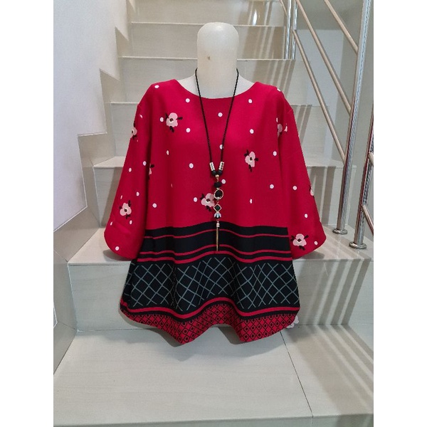 Blouse Scuba Premium Import Jumbo 2XL-3XL-Bunga Kecil - Merah