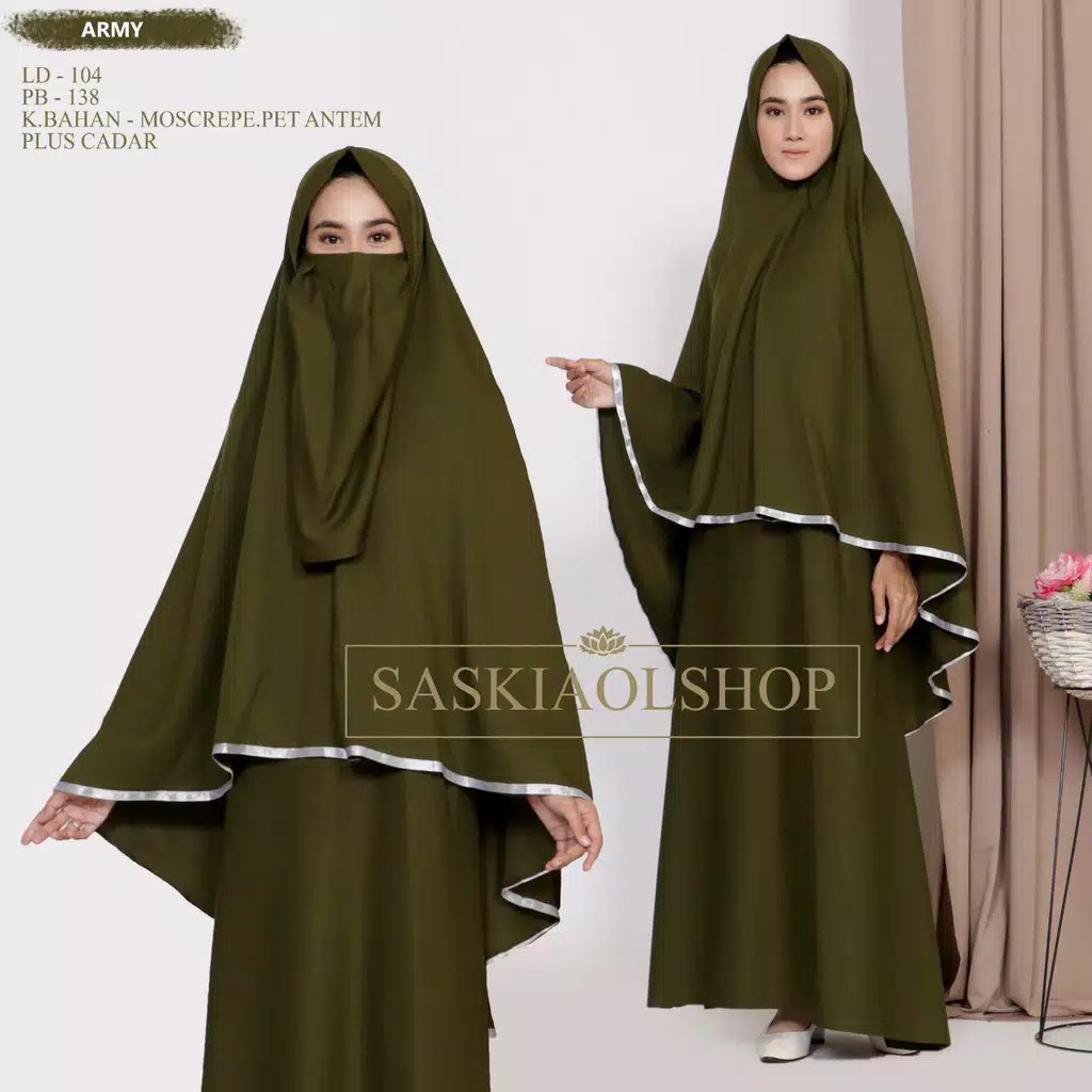 Gamis Khimar Madina Syari Dress Muslim Terbaru Free Hijab Cadar Bahan Moscrepe Army Navy Hijau Botol