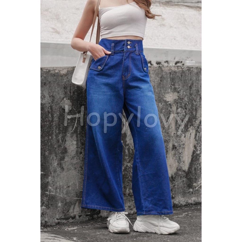 HOPYLOVY - Celana Panjang Kulot Highwaist Jeans Wanita Double Button Destiny