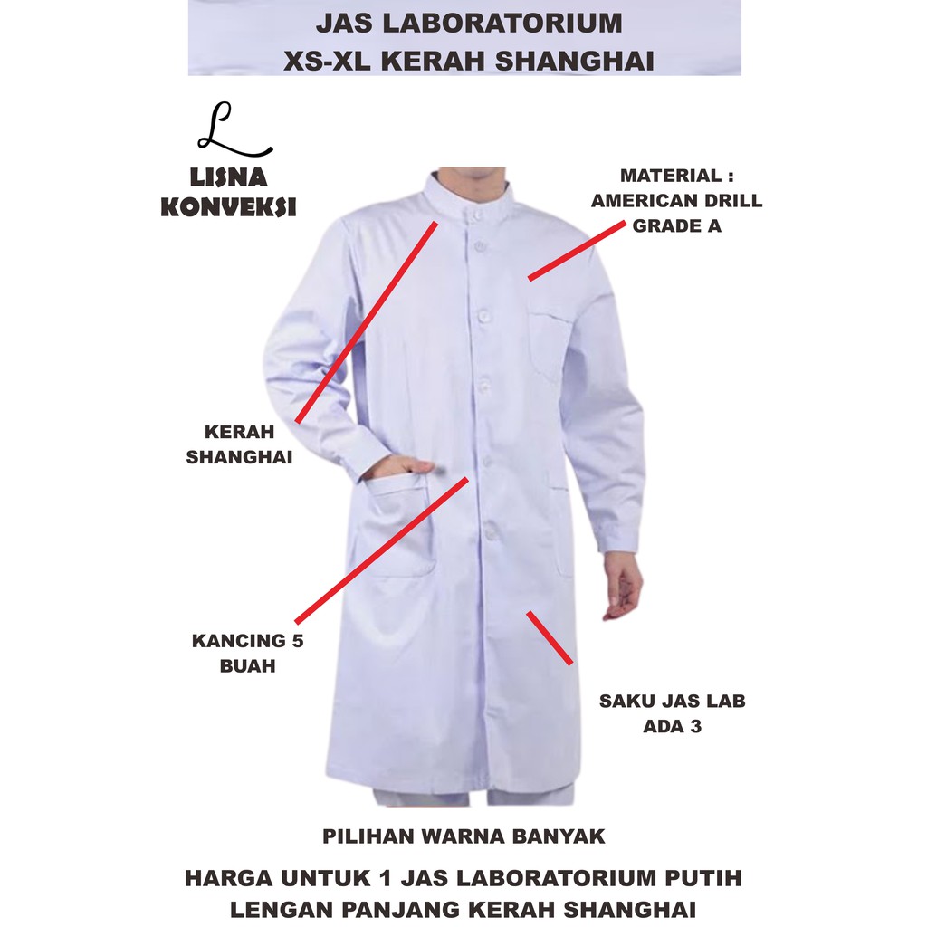 Jas Laboratorium APD Kerah Shanghai XS-XL Lengan Panjang