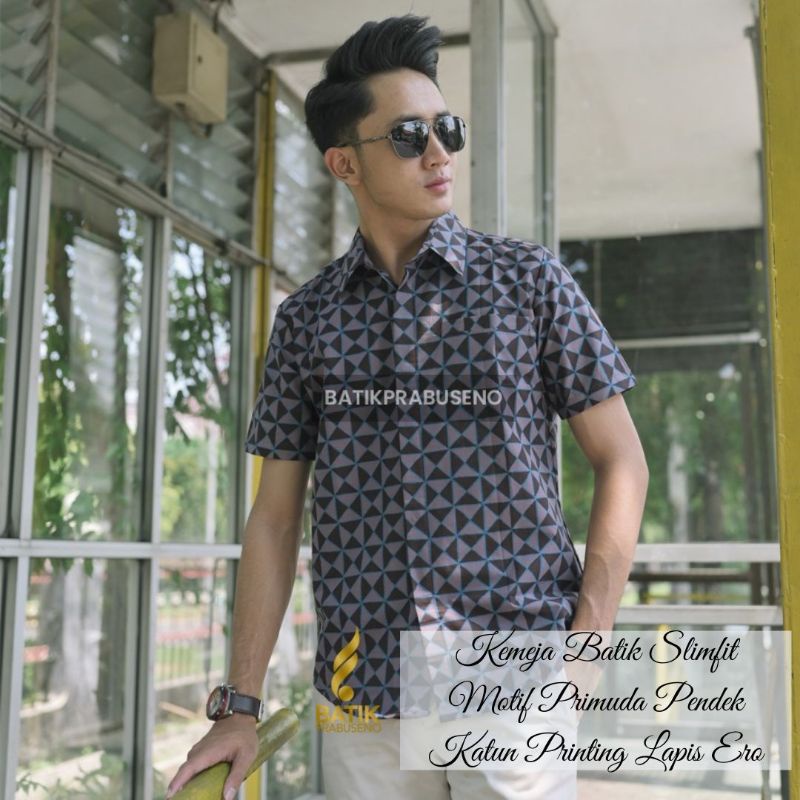 BAJU KERJA PRIA ATASAN BATIK PRIA SLIMFIT LENGAN PENDEK ORI PRABUSENO BATIK SOLO BATIK BERKUALITAS
