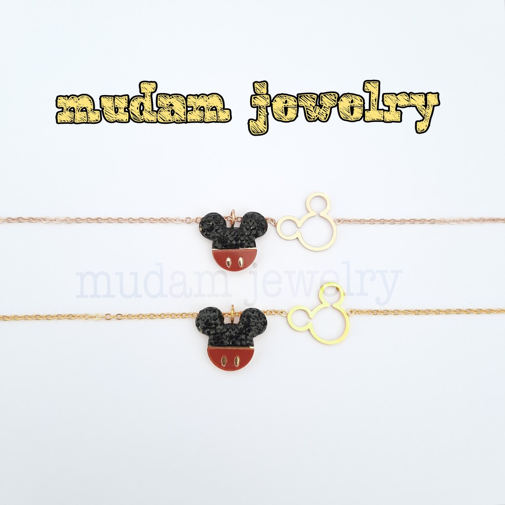 Gelang Rantai Titanium Model Mickey Hitam Merah Tersedia Warna Rose Gold dan Gold