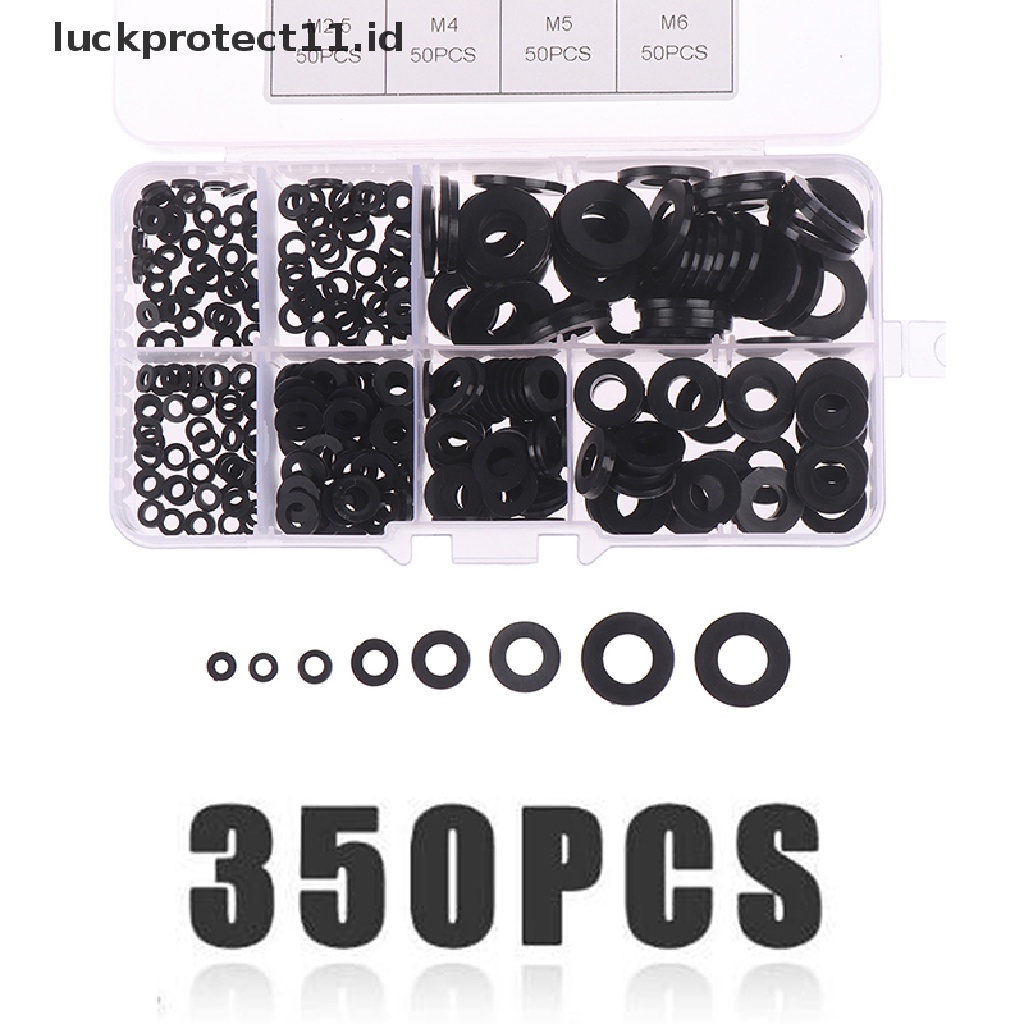 350pcs / set Ring washer M2 / M2.5 / M3 / M4 / M5 / M6 / M8 Bahan Nilon Warna Hitam