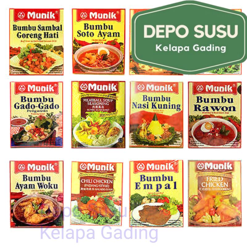 Bumbu Instant Munik Rasa Rendang Soto Betawi Sop Buntut Kepiting Saos Padang Nasi Hainam Sayur Asam Opor Ayam Empal Soto Rawon Tom Yum Yam Goreng Gulai Semur Sambal Goreng Kentang Udang Kuah Bakso Uduk Betawi Mie Gado Kuning Panggang Sate Padang Teri